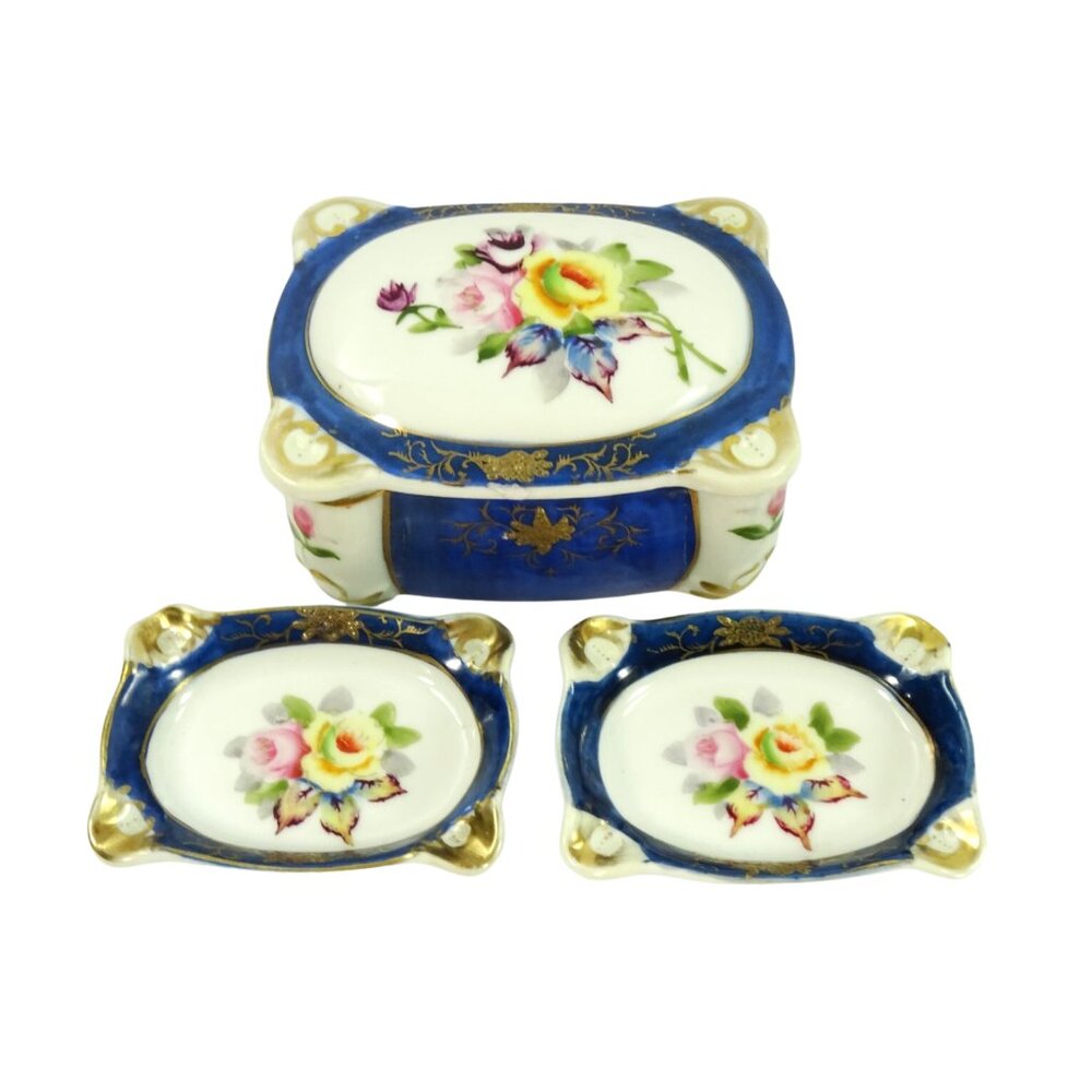 Vintage Made in Occupied Japan Porcelain Trinket Cigarette Box w 2 Ashtrays Blue